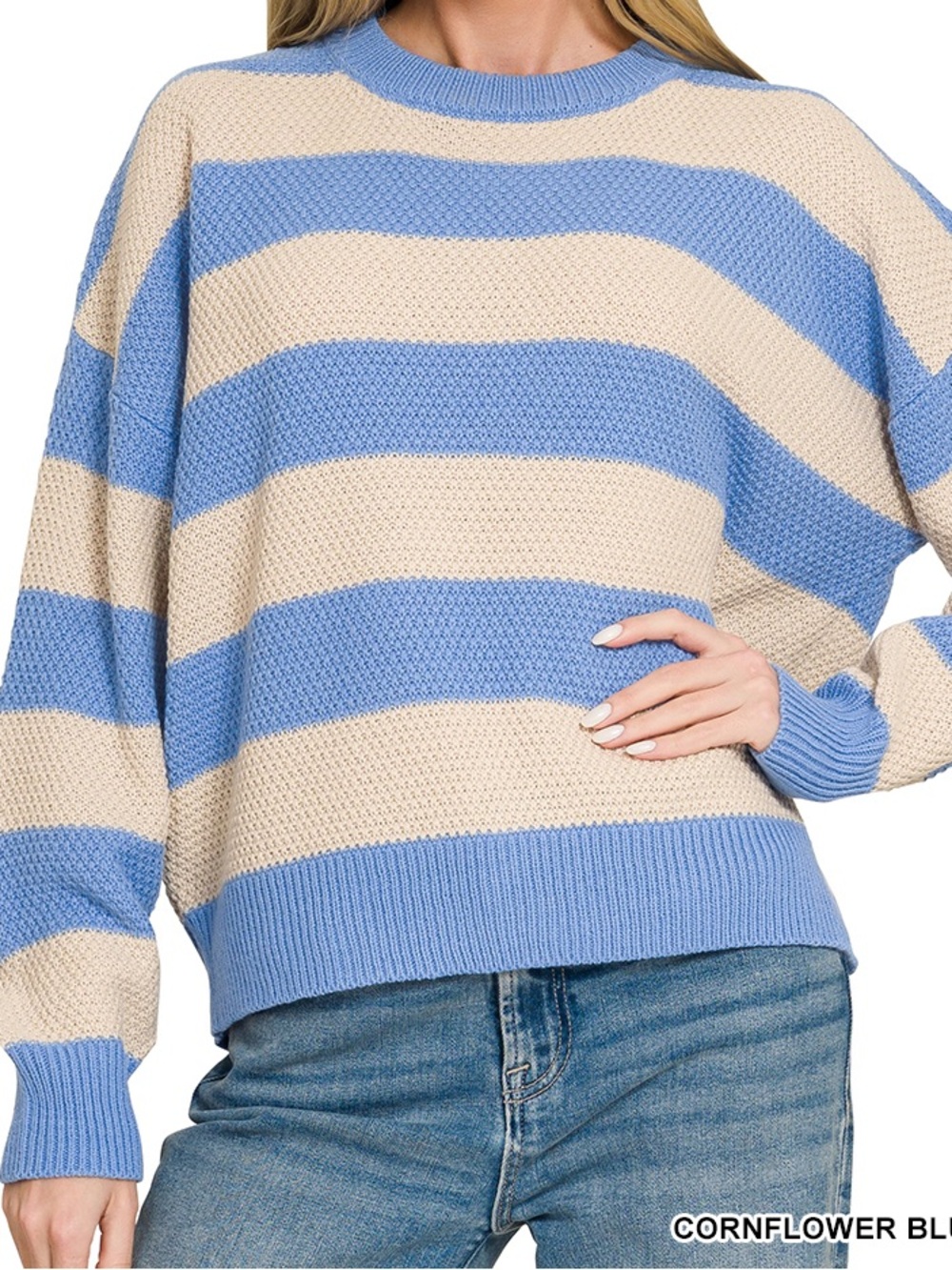“ Varsity Coast “ Stripe Drop Shoulder Sweater | Deep Camel & Cornflower Blue - Picture 4 of 9